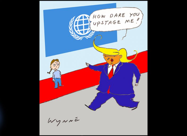 Terry Wynne cartoon about Turmp and Greta at the UN